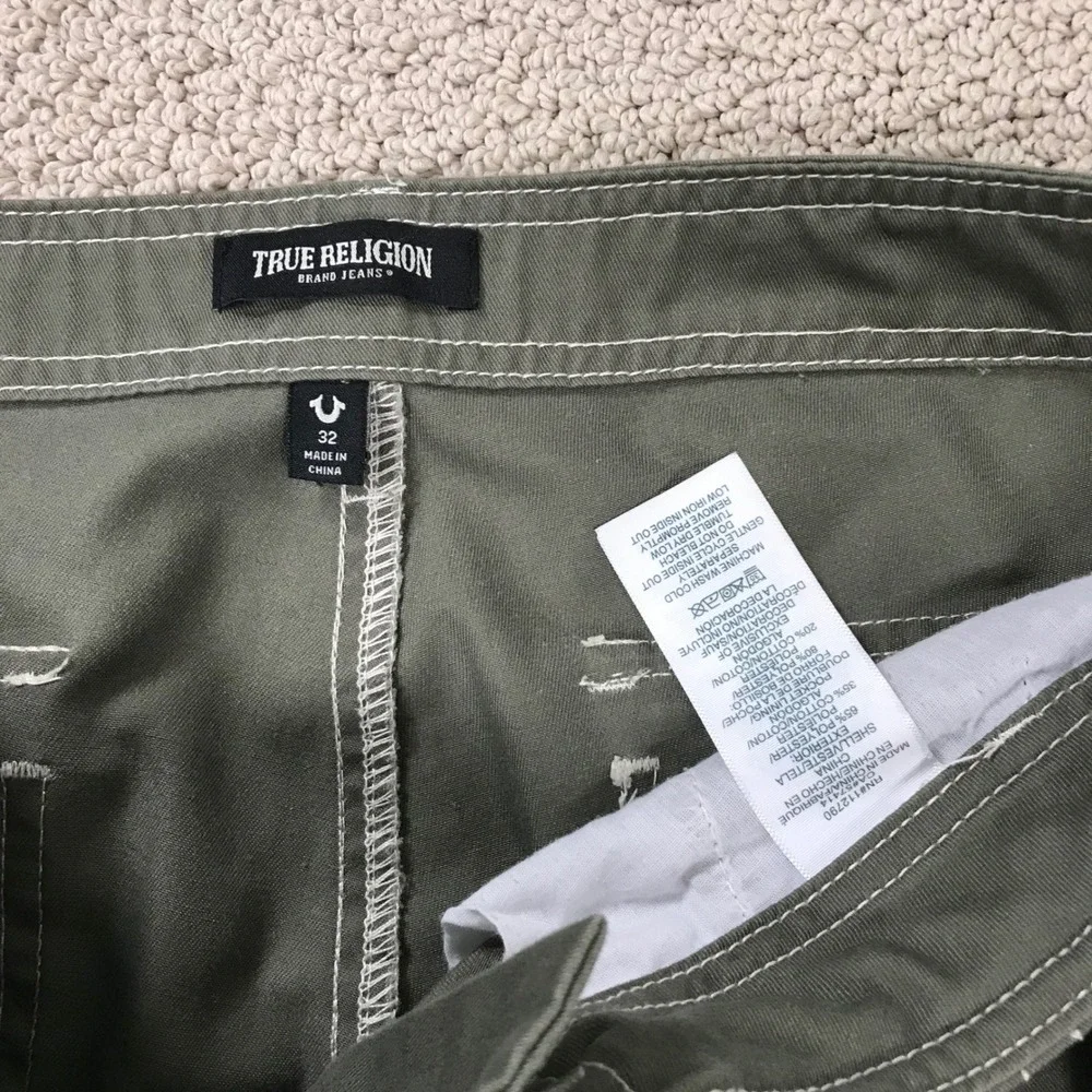 True Religion Mens Kalamata Cargo Pants Olive Green Contrast Stitch Size 32 NWT
